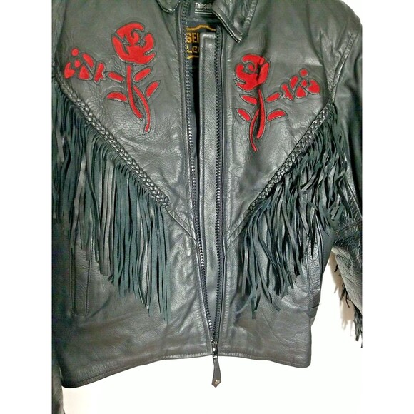 Genuine Leather LG Motorcycle Jacket Fringe Rose Inlay w/ Thinsulate 3M Liner - Picture 9 of 12